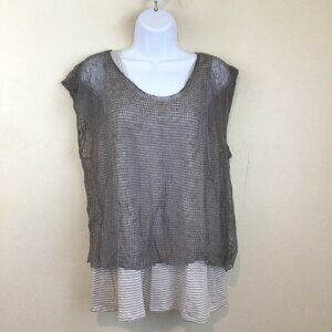 Eileen Fisher Organic Linen Striped Tank with Italian Yarn Mesh Over Shirt